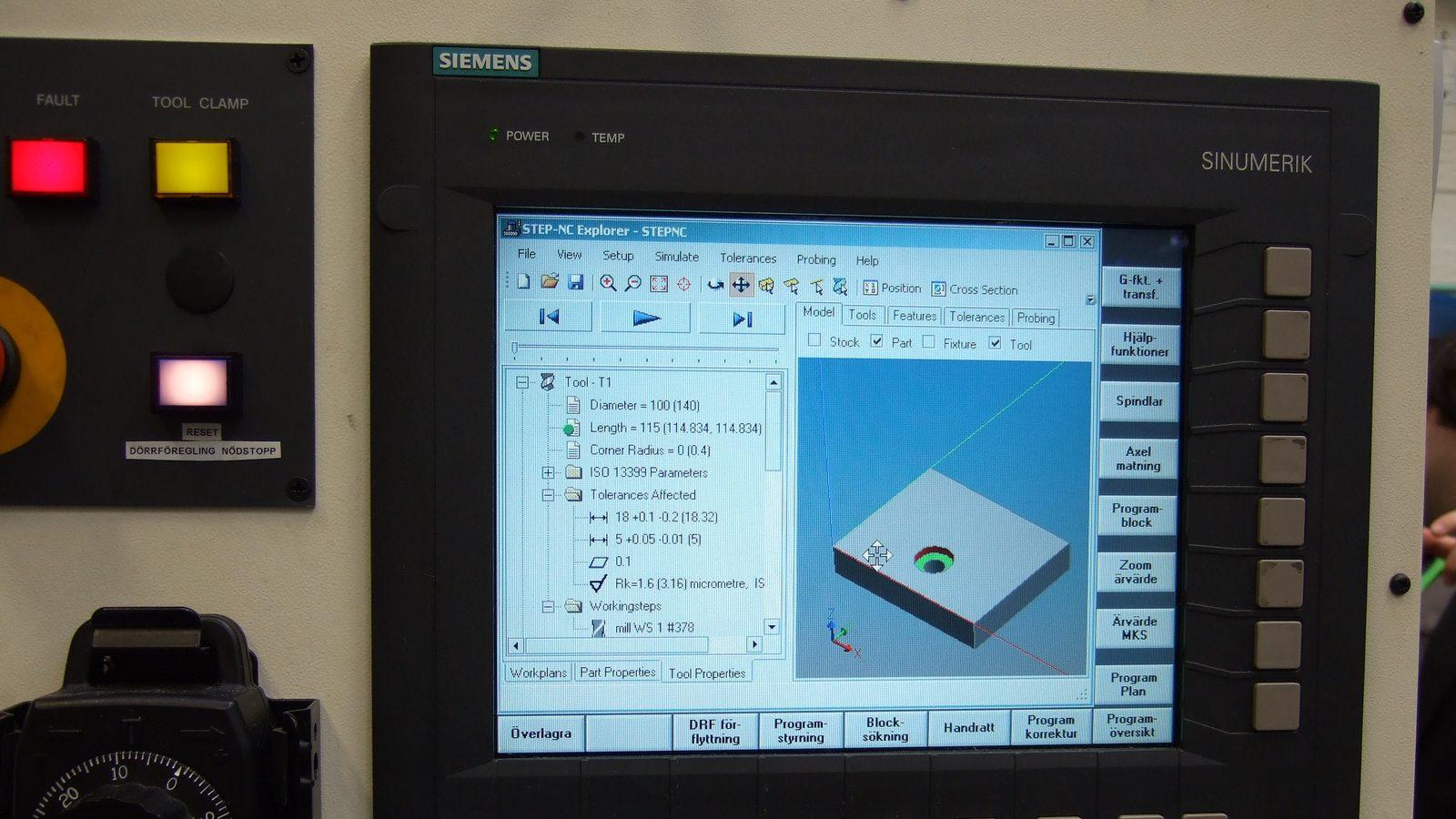 A Siemens Sinumerik control panel showing a STEP-NC screen with tool data, tolerances, and a 3D part model